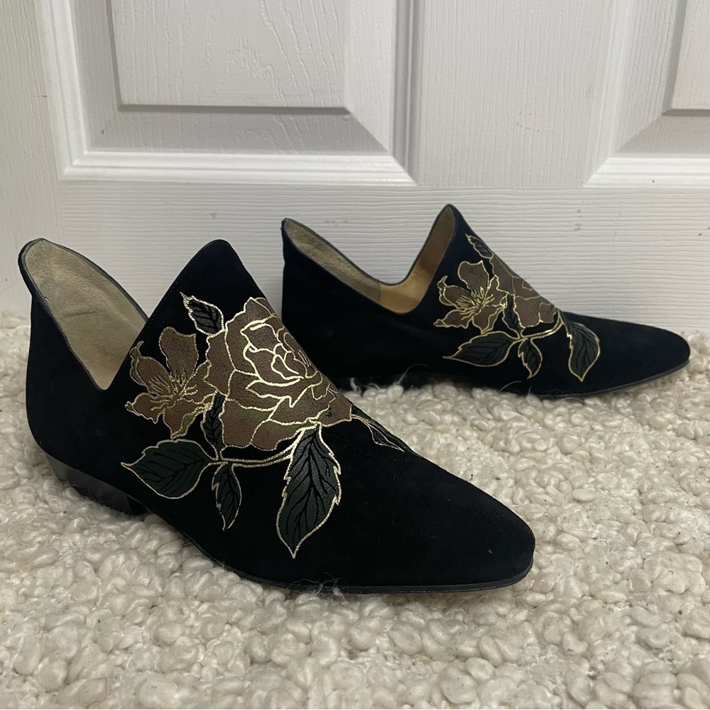 Lisa Marni Vintage Leather & Suede Black Floral Embroidery Loafers 34.5